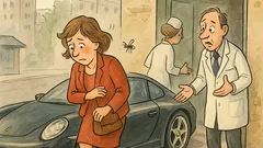 Banc: O doamnă coboară dintr-un Porsche